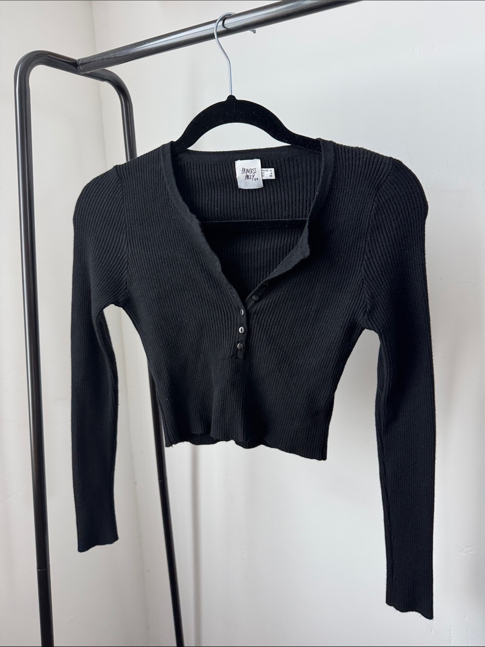 Black Ribbed Henley Crop Long Sleeve
